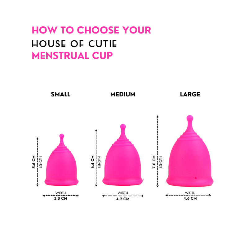 A graphic showing the different sizes in length and width of the House of Cutie menstrual cup