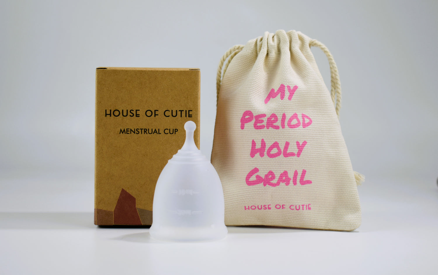 House of Cutie menstrual cup with cotton breathable pouch and eco-friendly brown cardboard box